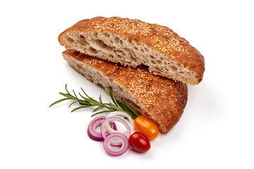 Traditional round rye bread, isolated on white background.