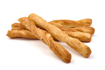 Crunchy bread sticks, cheese sticks, isolated on white background. High resolution image.