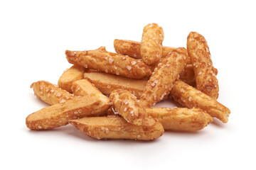Puff pastry cookies with sugar, isolated on white background.