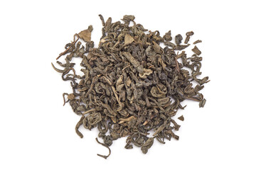 Heap of Chinese green tea, isolated on white background.