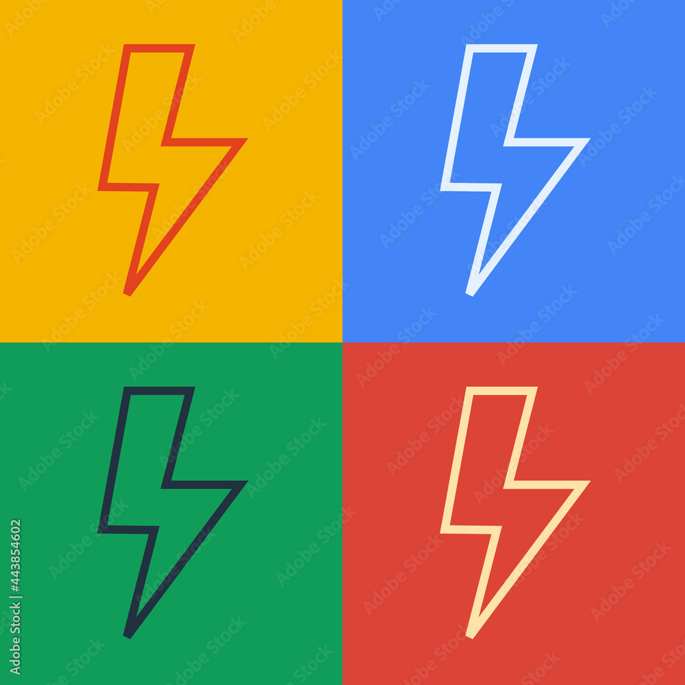 Poster pop art line lightning bolt icon isolated on color background. flash sign. charge flash icon. thunde