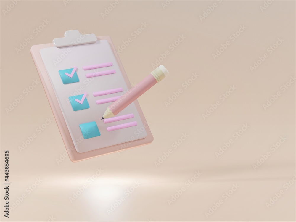 Poster tick checklist box on clipboard. 3d rendering illustration. business document list report.