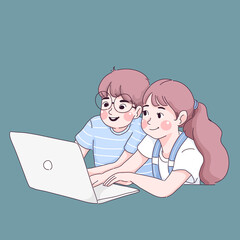 children student learning online class cartoon illustration