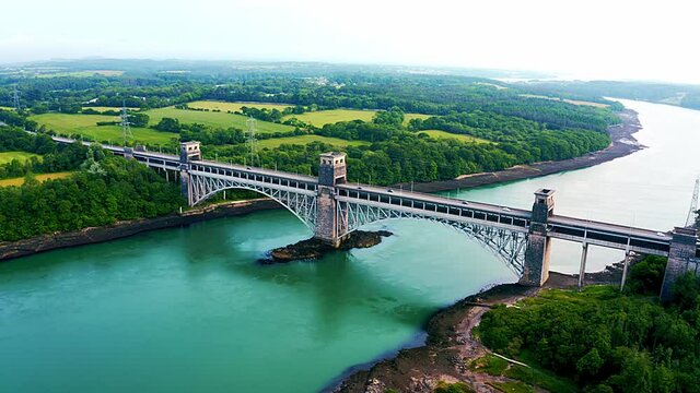 Aerial Vew Of Britannia Bridge carries road and railway across the Menai Straits between, Snowdonia and Anglesey. Wales, United Kingdom