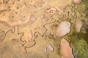 Aerial view of the strange, inhospitable landscape of the Sanetti plateau. Zigzagging shapes, erosion, Martian landscape. Bale mountains national park landscape, travel around Ethiopia.
