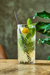 Alcoholic cocktail with tonik water and gin, lime and mint in a glass with ice