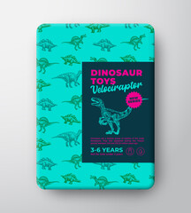 Dinosaur Toys Label Template. Abstract Vector Packaging Design Layout. Hand Drawn Velociraptor Sketch with Ancient Reptile Creatures Pattern Background and Realistic Shadows. Isolated