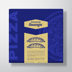 Pizza with Smoked Sausages Realistic Cardboard Box Mockup. Abstract Vector Packaging Design or Label. Modern Typography, Sketch Food and Color Paper Background Layout. Isolated