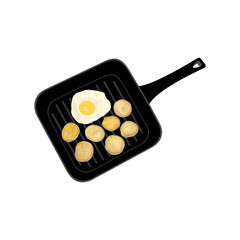 Seven pieces of potatoes and one fried egg in a square frying pan on a white background.