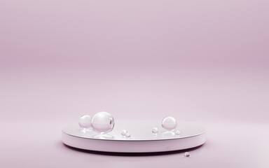 Empty podium with water drops or air bubbles on isolated pink background. Mock up abstract geometric stage, platform with soap spheres for product ad presentation cosmetics. Realistic 3d illustration