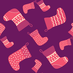 Christmas seamless pattern with red Christmas socks with snowflakes, specks