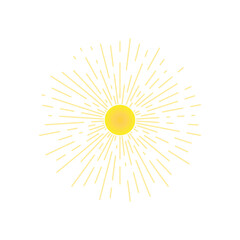 The sun shines brightly on a white background with its rays.
