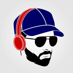 Bearded men in a baseball cap and in wireless headphones. Hipster face icon isolated. Vector illustration