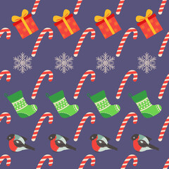 Christmas seamless pattern with candy cane, gift, stocking, bullfinch bird. Christmas wrapping paper.