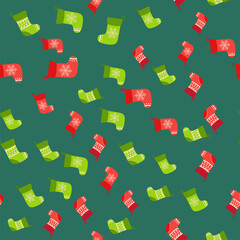 Christmas stockings seamless pattern. Christmas background with green, red stockings, wrapping paper