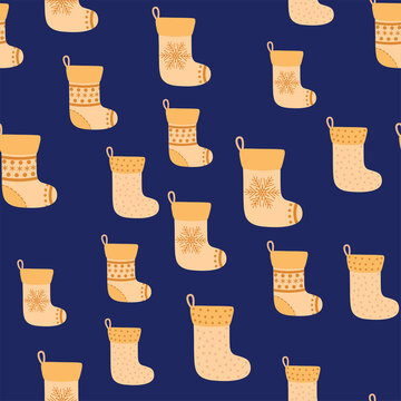 Seamless Pattern With Yellow Christmas Socks. Illustration For Design, Web, Wrapping Paper, Fabric, Wallpaper.