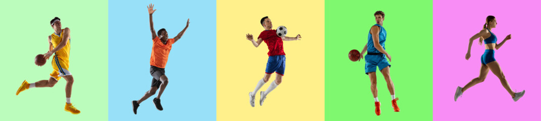 Collage of five professional sportsmen, fit people in action and motion isolated on multicolored...