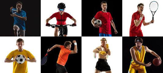 Collage of 8 sportsmen, football, basketball, tennis players, athletes and cyclist isolated on...