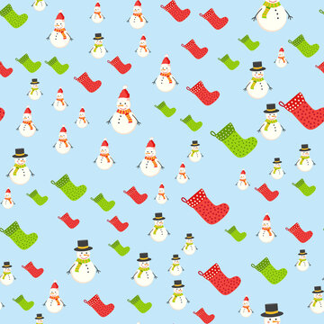 Seamless pattern with cute cartoon Christmas snowman, candy cane, holly berries and red stocking with xmas tree
