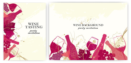 Elegant wine background design. Modern illustration wine glass and bottle with golden details. - 443858217
