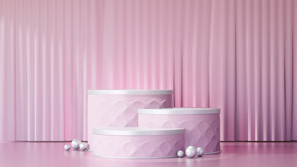 Naklejka na ściany i meble 3D rendering background. Three pink cylinder stage podium display products with a lite pink curtain wall. Image for presentation.