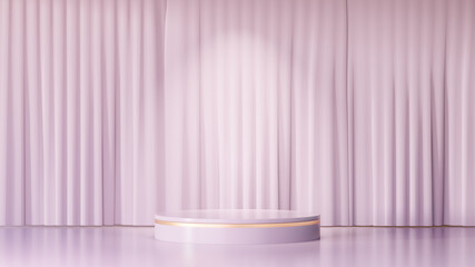 3D rendering background. Pink gold cylinder stage podium display products and a lite pink curtain wall. Image for presentation.