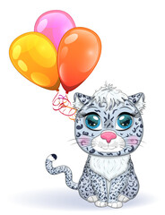 Cartoon snow leopard with expressive eyes. Wild animals, character, childish cute style.