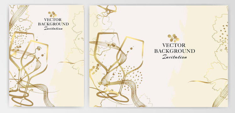 Elegant wine background design. Illustration of wine glasses and golden details. Elegant background for party and event invitation.