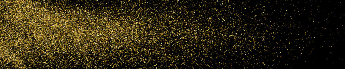 Golden Explosion Of Confetti. Gold Glitter Texture Isolated On Black. Panoramic Background. Wide Horizontal Long Banner For Site. Celebratory Background. Vector Illustration, Eps 10.
