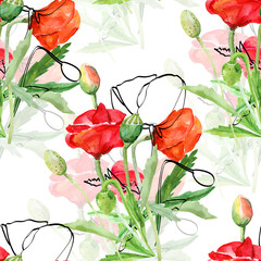 Blooming and poppy buds..Image on white and colored background.Samless pattern.