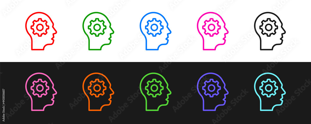 Poster set line human head with gear inside icon isolated on black and white background. artificial intelli