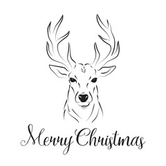 Merry Christmas, Elegant outline drawing of deer, vector illustration	