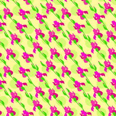 Pink flowers irises with leaves and buds on a yellow background. Seamless pattern. Vector illustration