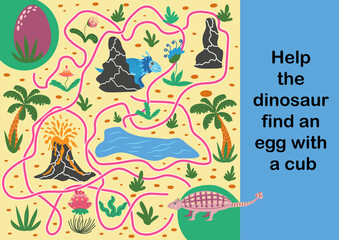 Help dinosaur find path to nest. Labyrinth. Maze game for kids. Help dino moms to find their eggs kid learning game with maze.