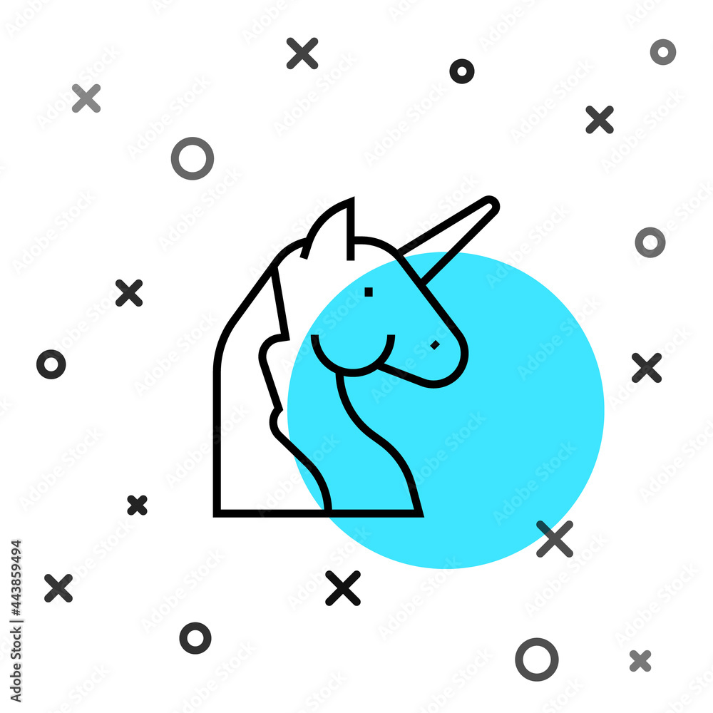 Poster black line unicorn icon isolated on white background. random dynamic shapes. vector