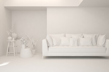 Fototapeta na wymiar Mock up of stylish room in white color with sofa. Scandinavian interior design. 3D illustration