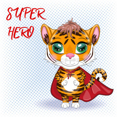 Cute cartoon tiger with beautiful eyes, orange in a red cloak, super hero