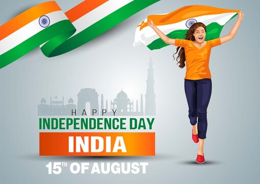 happy Independence day 15 th august Happy independence day of India , girl running with Indian flag.vector illustration.greeting card