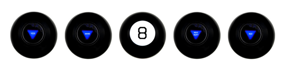 Set of magic eight balls with predictions isolated on white background