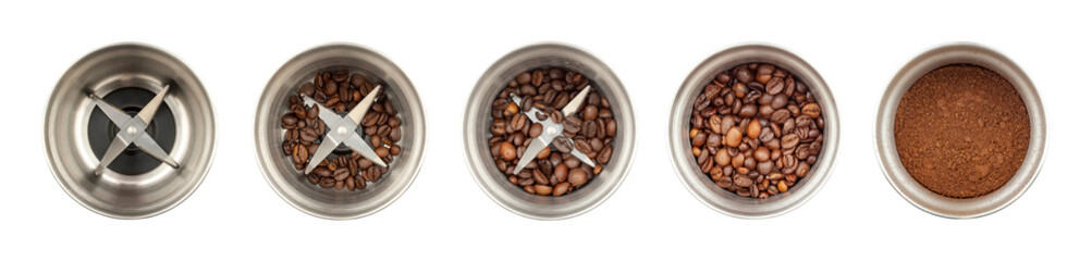 Set of coffee grinder, top view: an empty, a coffee grinder with whole coffee beans, with ground...