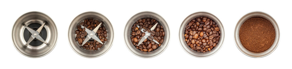 Set of coffee grinder, top view: an empty, a coffee grinder with whole coffee beans, with ground coffee. Isolated on white background
