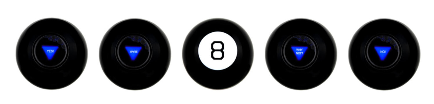 Set of magic eight balls with predictions isolated on white background