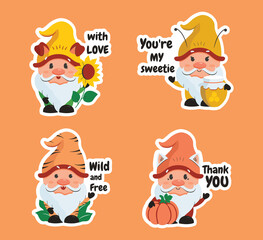 The set of stickers cartoonish gnomes with text and phrases. The collection of funny characters with pumpkin, sunflower, honey, and popular quotes. The vector illustration