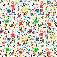 Seamless pattern with animal and floral ornament in the style of Mexican otomi embroidery - 443860601