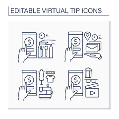 Virtual tips line icons set. Online contributions for mail and food delivery, sawing services and cinema. Donations concept. Isolated vector illustrations. Editable stroke