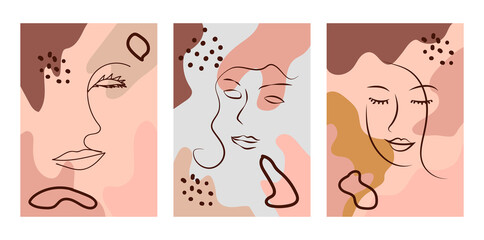 Set of Woman's Face continuous Line art. Abstract Contemporary collage of geometric shapes in a modern trendy style. Portrait of a female For Beauty Concept.