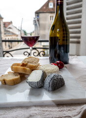 Tasting of burgundy red wine from grand cru pinot noir  vineyards with french goat cheeses and view...