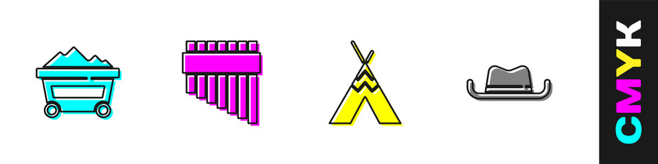 Set Coal mine trolley, Pan flute, Indian teepee or wigwam and Western cowboy hat icon. Vector © Vadim