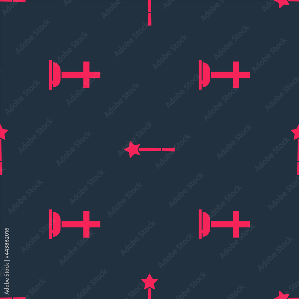 Poster set tombstone with cross and magic wand on seamless pattern. vector