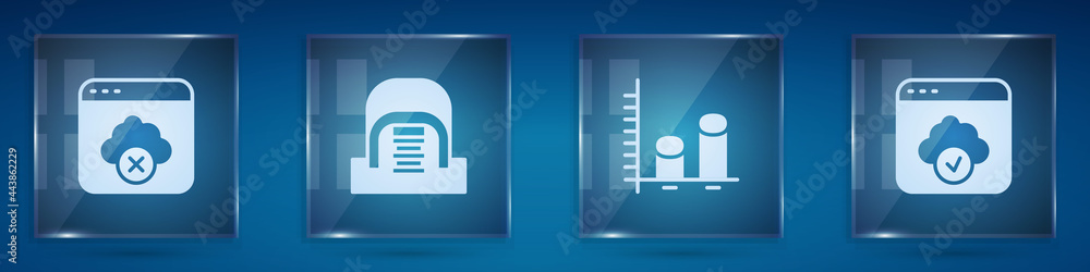 Poster set failed access cloud storage, hangar with servers, data analysis and cloud technology data transf